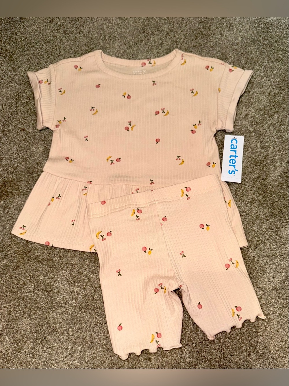 NWT- Carter’s Girls Pink Fruit Print Ribbed Peplum Top & Shorts Set | Size: 3T - Picture 2 of 8